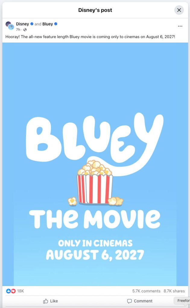 Bluey and Disney's post announcing the official release date